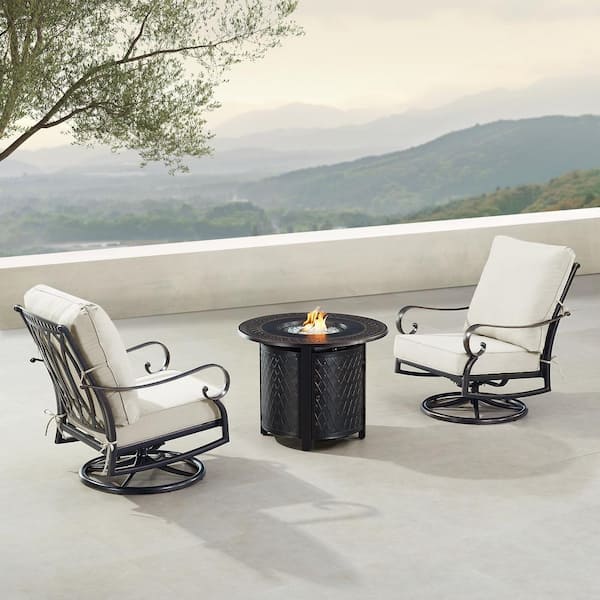 Oakland Living Black Aluminum Fire Table Bistro Set with 2-Club Chairs