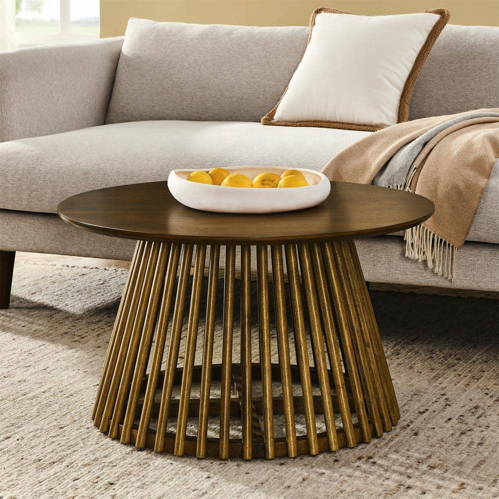 31.5 in. Walnut Brown Round Wood Coffee Table