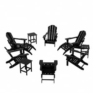 Addison Black 12-Piece HDPE Plastic Folding Adirondack Chair Patio Conversation Seating Set with Ottoman and Table