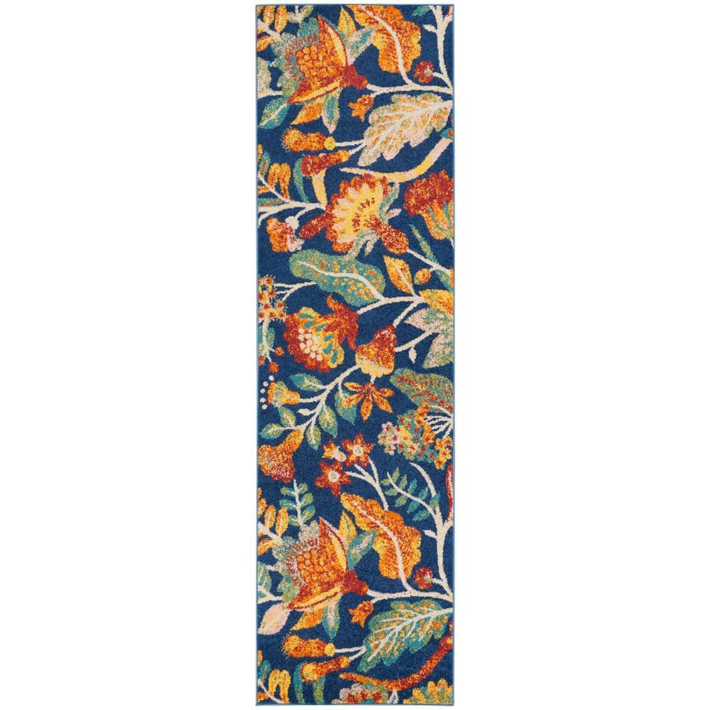 Vibrant Boho Navy Multicolor Floral Synthetic 2'3" x 7'6" Area Rug