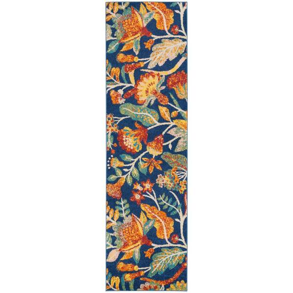 Nourison Allur Navy Multicolor 2 ft. x 8 ft. Floral Medallion Boho