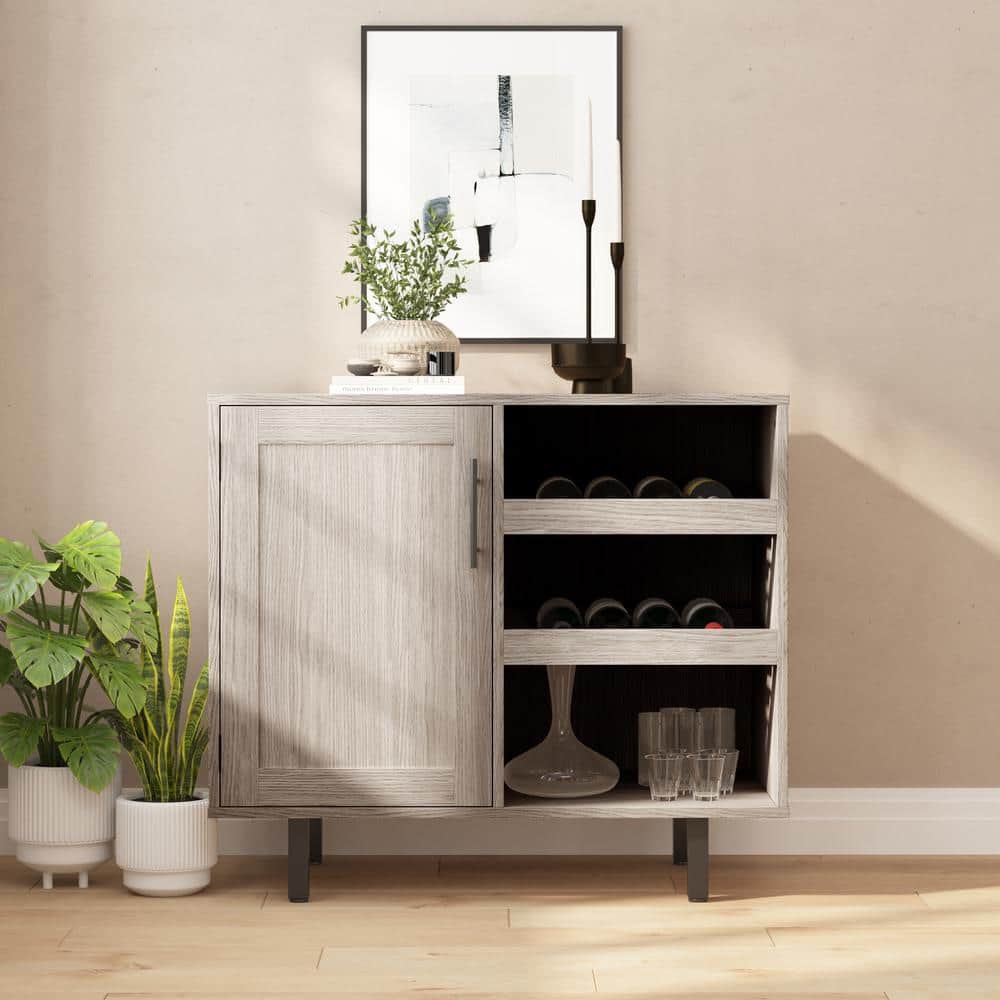 Gray Wood and Metal Bar Sideboard with Adjustable Shelf