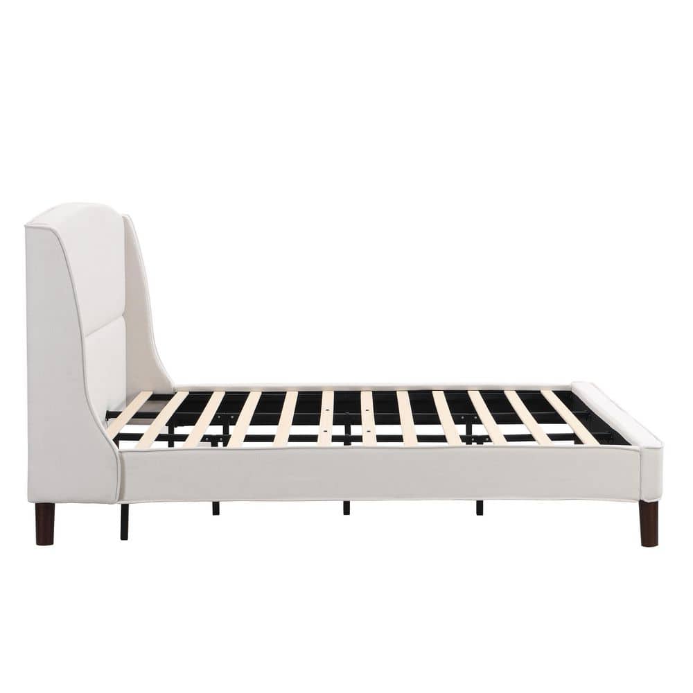 Beige Wood Frame King Size Upholstered Platform Bed with Wingback Headboard - thumbnail 6