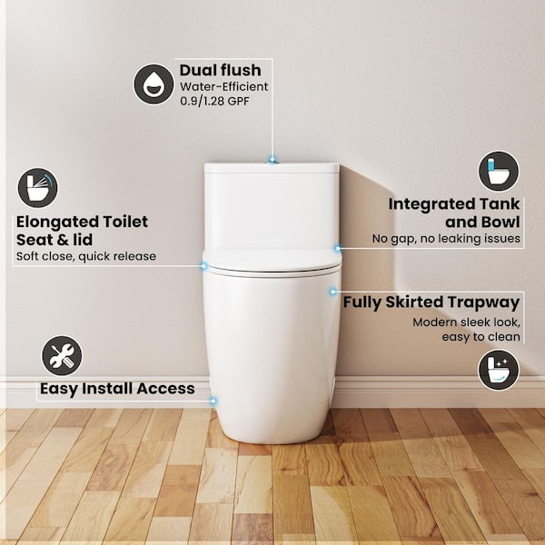 12 in. Rough-in ADA Height 1-piece 1.0/1.28 GPF Dual Flush Elongated Toilet in White Seat Included, 1000g Map Score