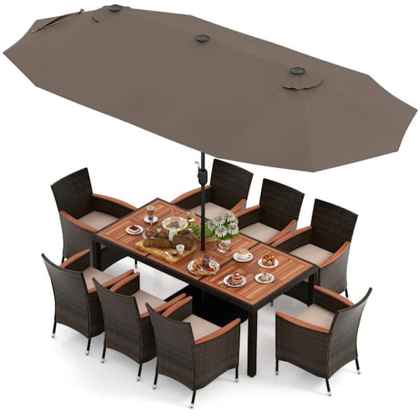 11-Piece Rattan Wicker Outdoor Dining Set with Beige Cushions and 15 ft. Double-Sided Coffee Patio Umbrella