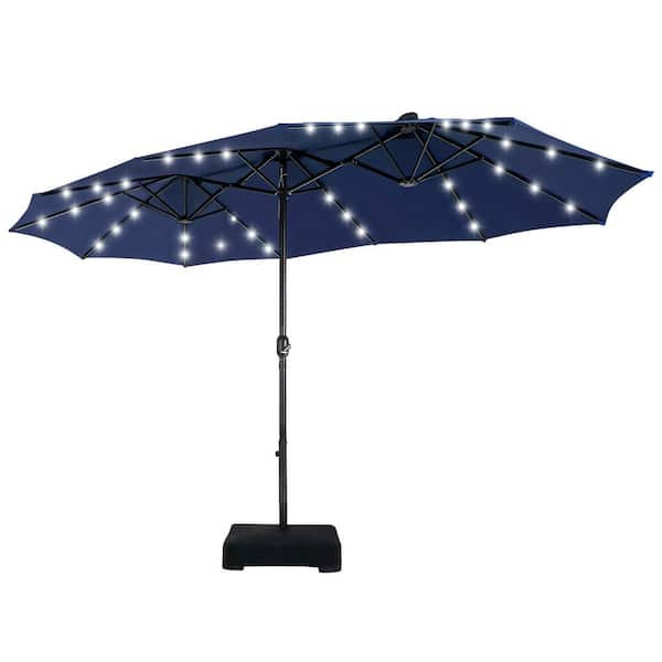 PHI VILLA 15 ft. Market Patio Umbrella With Lights Base and Sandbags in Blue