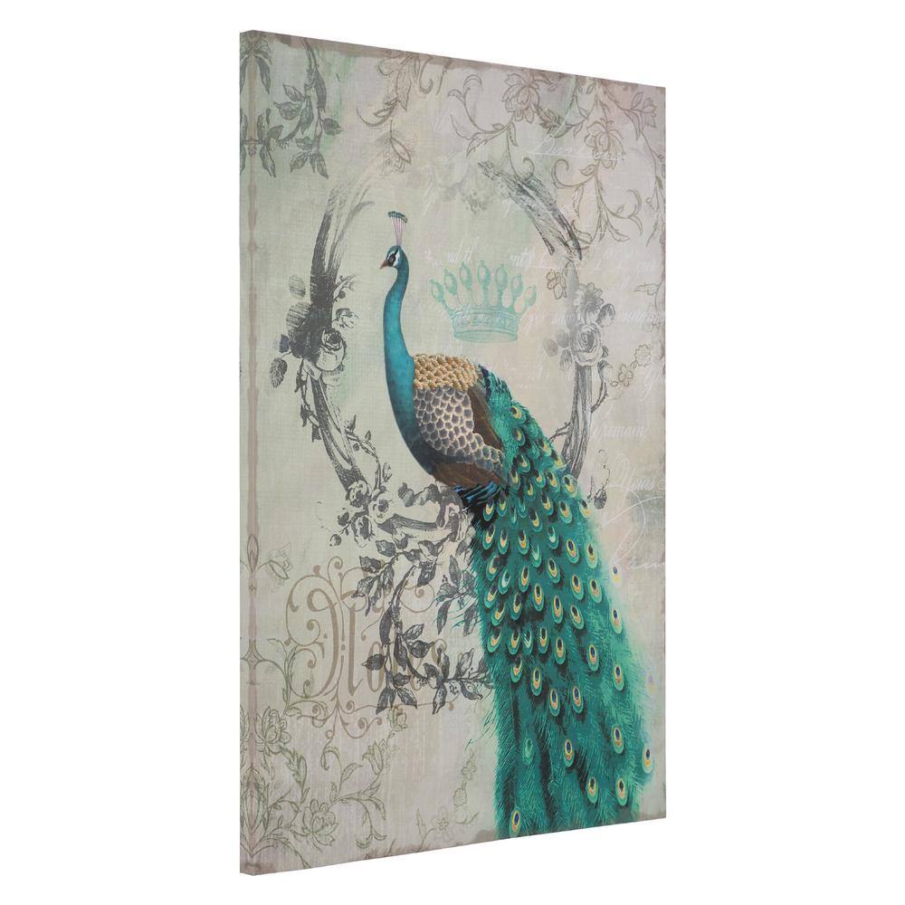 Multicolor Linen Canvas Artwork with Aqua and Teal Peacock