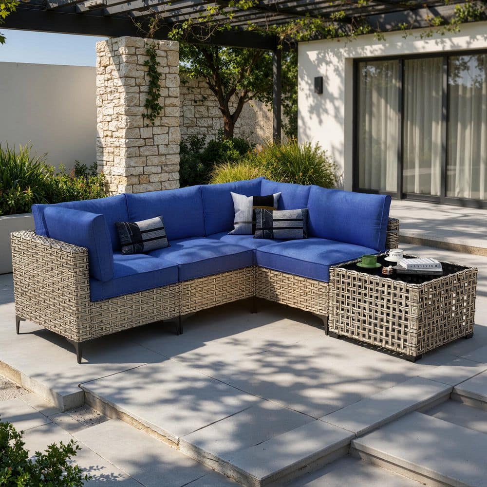 Melly Gray 5-Piece Wicker Patio Conversation Seating Set with Navy Blue Cushions and Solar LED Coffee Table