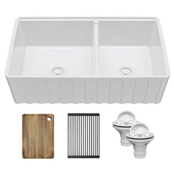 Fireclay 33 in. Farmhouse/Apron-Front Double Bowl White Gloss Fireclay Workstation Kitchen Sink with Reversible Front