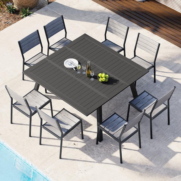 Crestlive Products Dark Gray Expandable Aluminum Outdoor Dining Table with Chairs (Set of 9)