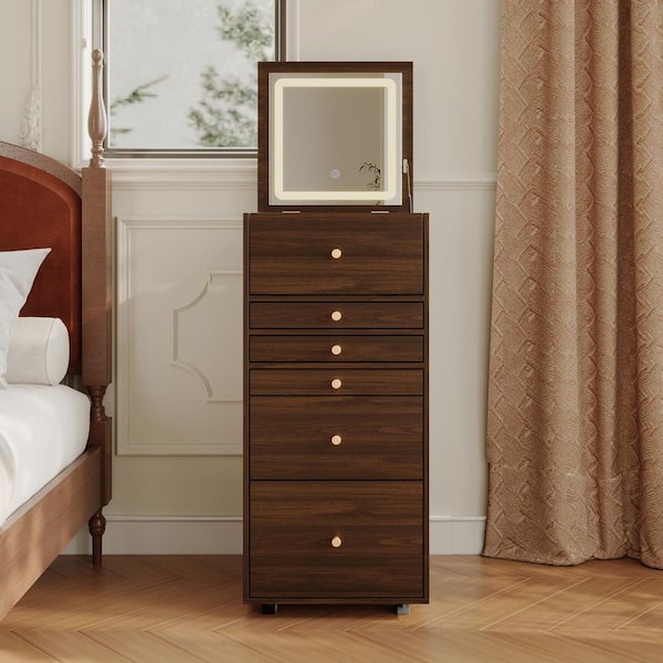 Walnut Brown Makeup Vanity Desk Wood Dressing Table With Flip-Top LED Mirror, Drawers, Wheels, 9-Grid Organizer Design