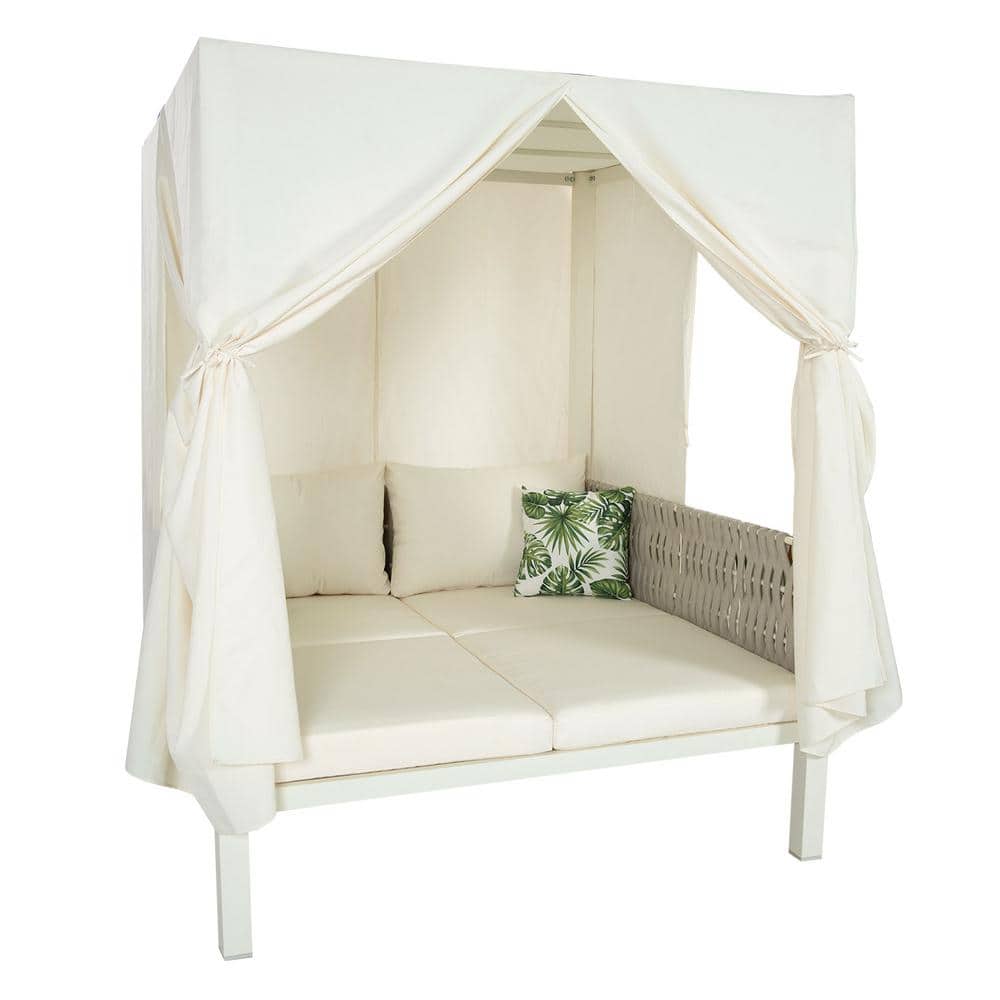 Modern Sunbed Gray Wicker Woven Rope Outdoor Day Bed Lounge with Beige Cush