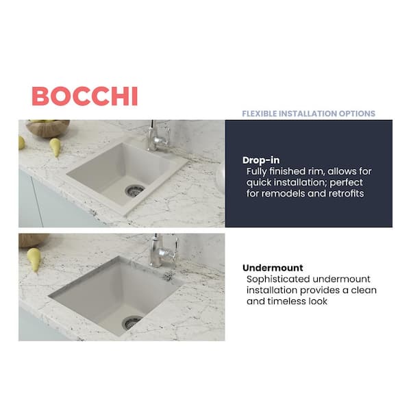 BOCCHI Campino Uno Dual Mount Granite Composite 16 in. Single Bowl Bar Sink with Strainer in Milk White