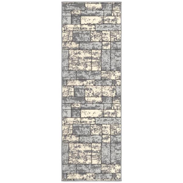Ottomanson Ottohome Collection Non-Slip Rubberback Boxes Design 2x5 Indoor Runner Rug, 1 ft. 8 in. x 4 ft. 11 in., Gray