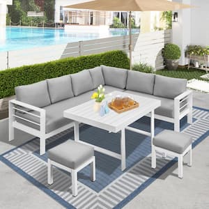 6-Piece Aluminum Outdoor Dining Set with White Light Gray Cushions