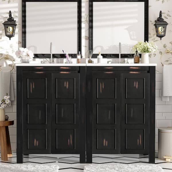 FAMYYT 48 in. W Double Sink Solid Wood Frame Freestanding Bath Vanity in Espresso with White Ceramic Top and Adjustable Shelf