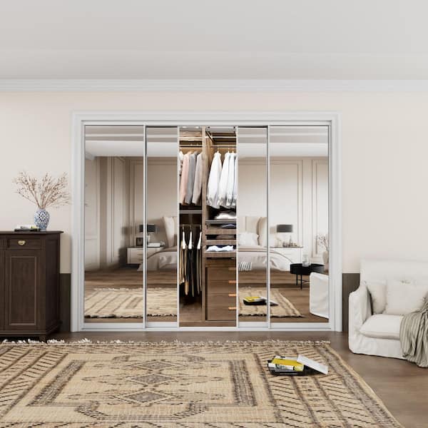 96 in. x 80 in. 1-Lite White Mirrored Glass and Aluminum Frame Finished Closet Sliding Door with Hardware Kit