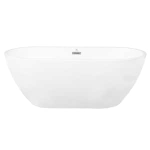 55 in. Center Drain Oval Acrylic Alcove Freestanding Soaking Bathtub with Brass Drain and Stainless Overflow in White