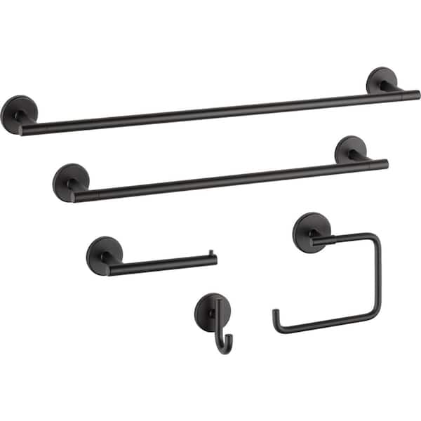 Trinsic Matte Black Bath Hardware Set: 24 in. & 30 in. Towel Bars, Robe Hook, Towel Ring, Toilet Paper Holder (5-Piece)