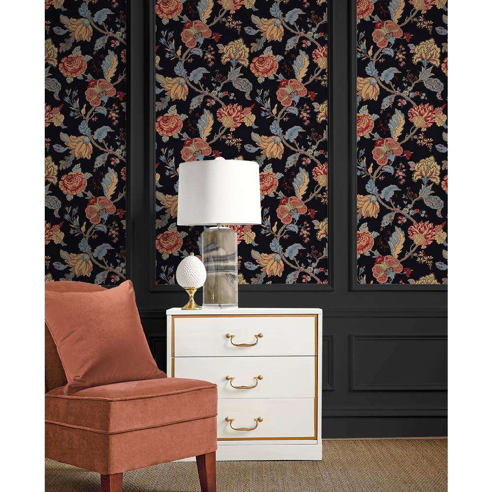 Ebony Floral Jacobean Pre-pasted Vinyl Wallpaper Roll