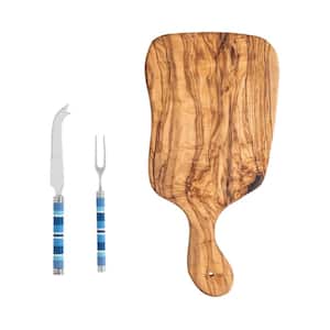 Jubilee Cheese Knife, Fork, and Olive Wood Cheese Board Set - Shades of Denim
