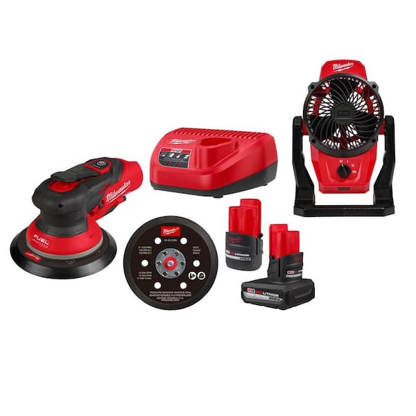 M12 FUEL 12-Volt Li-Ion Brushless Cordless 6 in. Random Orbital Sander Kit (3/32 in) w5. 0Ah, 2. 5Ah Batteries, &Fan
