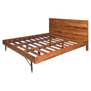 Brown Wooden Frame King Size Platform Bed with Black Metal Angled Legs