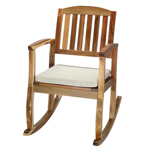Karl home Natural Wood Outdoor Rocking Chair with Cream White Cushion