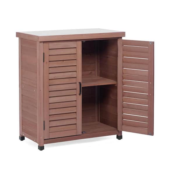 Dark Brown Cedar Wood 31 x 17 x 36 Outdoor Kitchen Cabinet with Metal Table Top Storage Workstation for Patio Garden