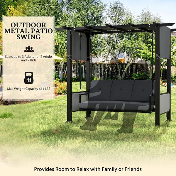 3-Person Metal Outdoor Patio Swing with Pergola Canopy and Cushions, Gray