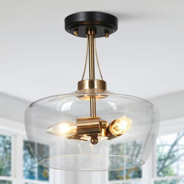 Modern 12 in. 3-Light Black Semi-Flush Mount Light, Brass Pendant Ceiling Light with Clear Bowl Glass for Dining Room