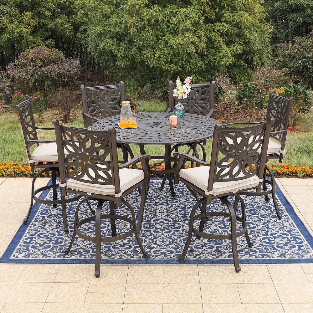 PHI VILLA Brown 7-Piece Cast Aluminum Patio Bar Height Outdoor Dining ...