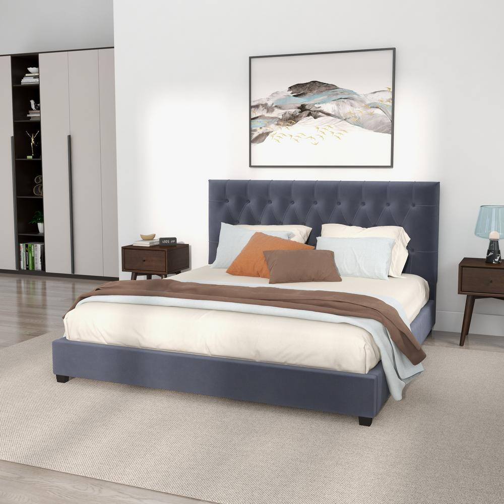 Elda Gray Velvet Upholstered King Platform Bed with Tufted Headboard