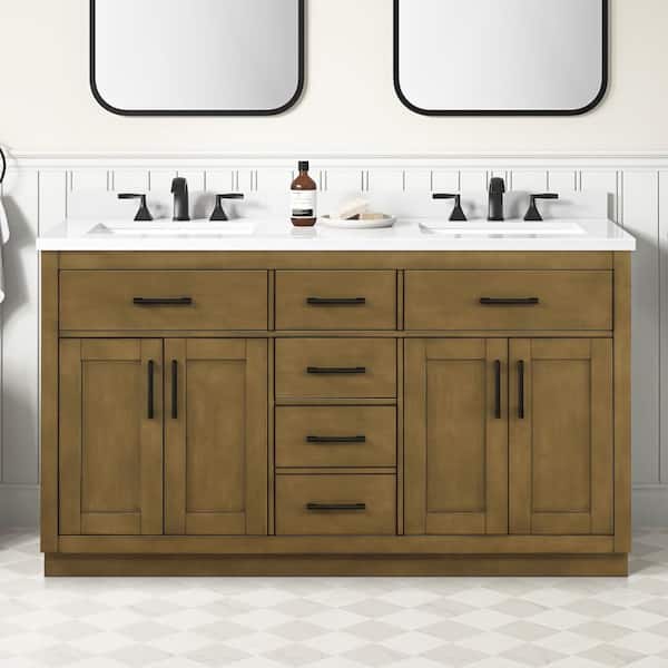 Bailey 60 in. Double Sink Almond Latte Bath Vanity with White Quartz Top and Integrated Power Outlet (Assembled)