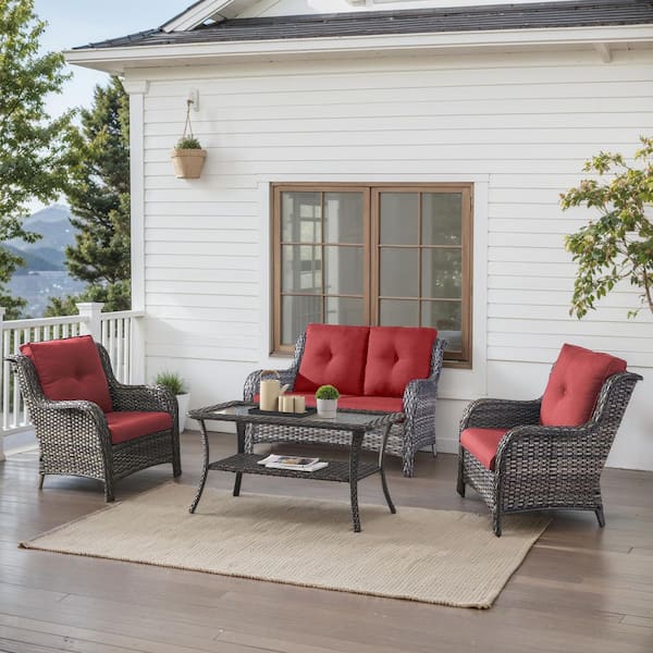 4-Piece Gray Wicker Patio Conversation Set with Olefin Red Cushions and Lounge Chairs/Loveseat