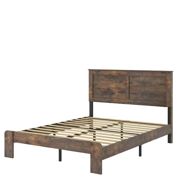 Dark Brown Wooden Frame King Size Platform Bed, No Box Spring Needed