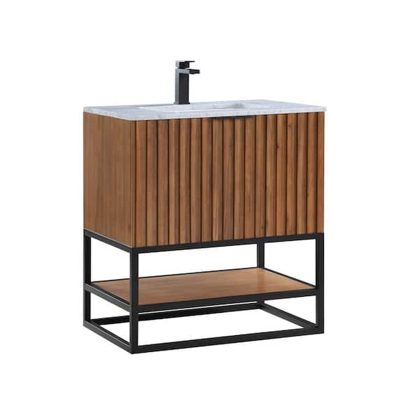 BEMMA Terra 30 in. W x 22 in. D x 34 in. H Bath Vanity in Walnut and Matte Black with Marble Vanity Top in White
