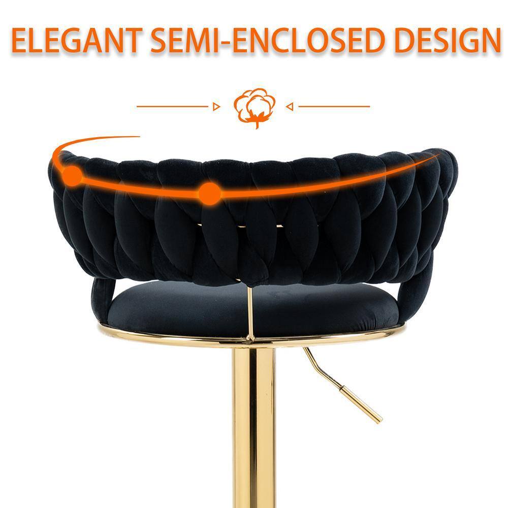 Close-up of the woven black velvet backrest of the bar stool.