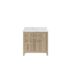 Sonoma Oak 36 in. W x 22 in. D x 36 in. H Right Offset Sink Bath Vanity in White Oak with 2" Calacatta Quartz Top