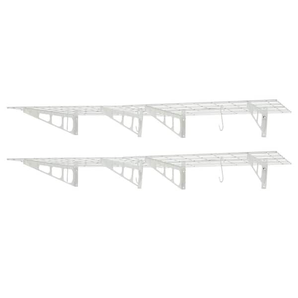 72 in. W x 24 in. D White Steel Wire Garage Wall Shelf Heavy Duty Loads 400 lbs with 6 Hooks (2-Pack)
