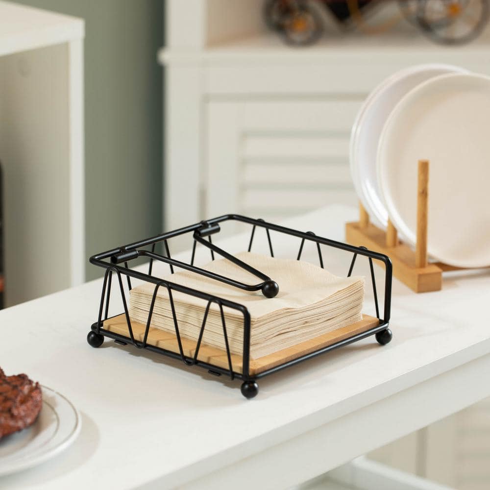 Black Metal Square Napkin Holder with Wooden Base