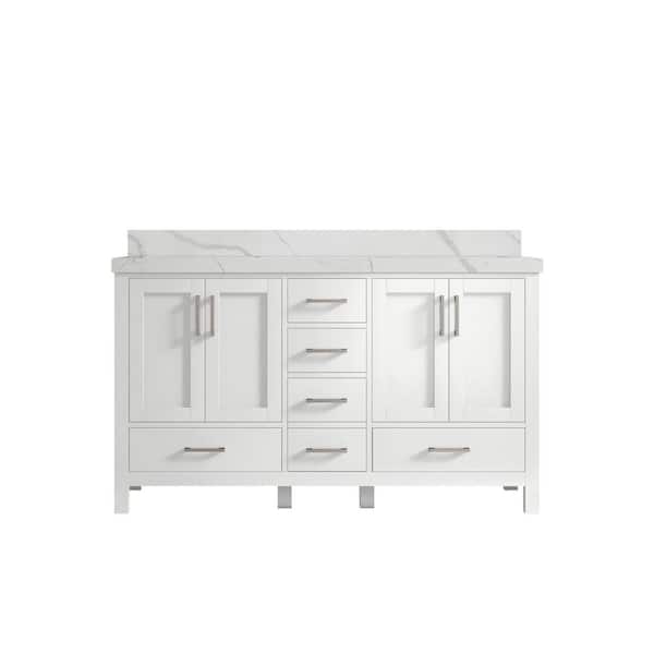 Willow Collections Malibu 60 in. W x 22 in. D x 36 in. H Double Sink Bath Vanity in White with 2 in. Calacatta Quartz Top