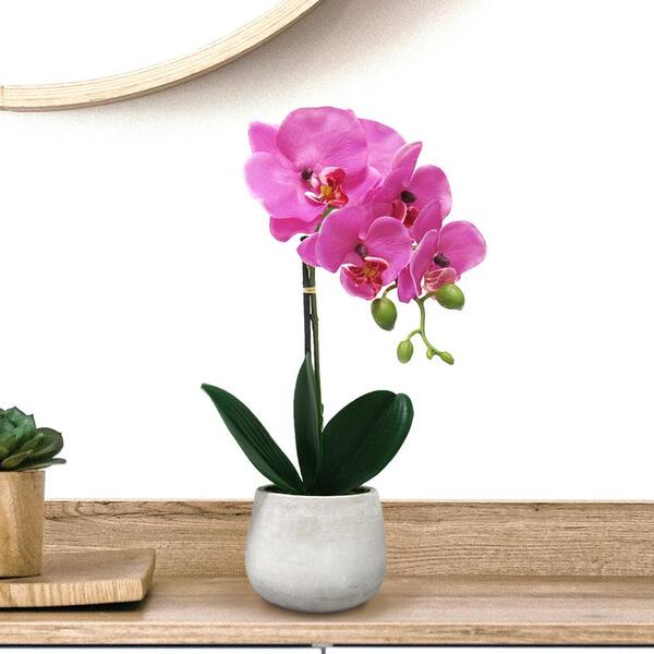 LIVING LUXURY 15 in. Fuchsia Artificial Phalaenopsis Orchid Flower Arrangement in Clay Pot
