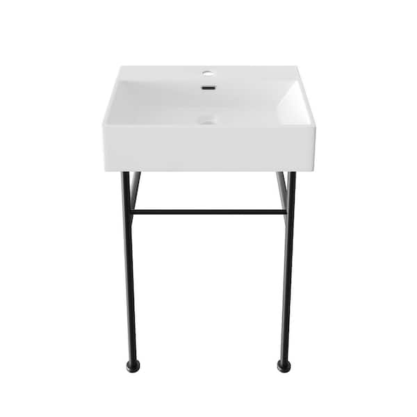 24 in. Console Sink In White Ceramic with Black Legs and Overflow