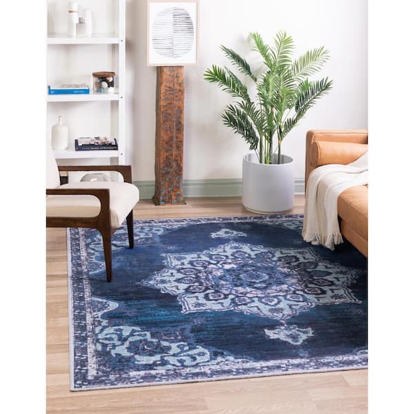 Renaissance Roma Navy Blue 10 ft. Square Machine Washable Area Rug