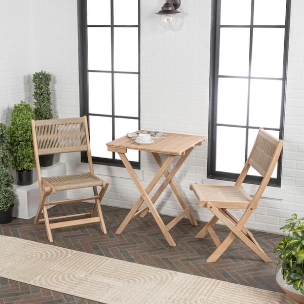 Javea Modern Coastal 3-Piece Acacia Wood Outdoor Folding Bistro Set, Cream/Light Teak