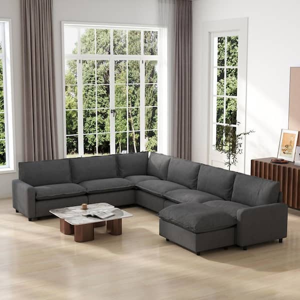 140.16 in. Square Arm 7-Piece Linen Modern Modular Sectional Sofa Spacious Living Room Couch with Ottoman in Dark Gray