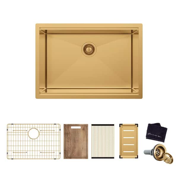 Glacier Bay 30 in. Undermount Single Bowl 18-Gauge Gold Stainless Steel Workstation Kitchen Sink with Accessories