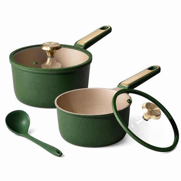 2 Qt and 2.5 Qt Nonstick Sauce Pan Set with Lids and Ladles, Induction Compatible, PFOA-Free, Green 2.5QT