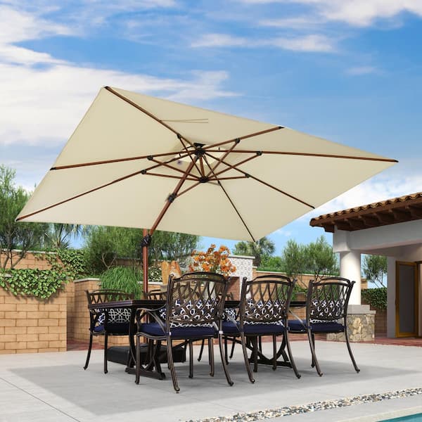 PURPLE LEAF 9 ft. x 12 ft. High-Quality Wood Pattern Aluminum Cantilever Polyester Patio Umbrella with Wheels Base, Cream
